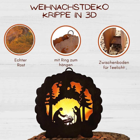 Metalen Kerststal Lantaarn 3D Roest - Theelichthouder 26 cm