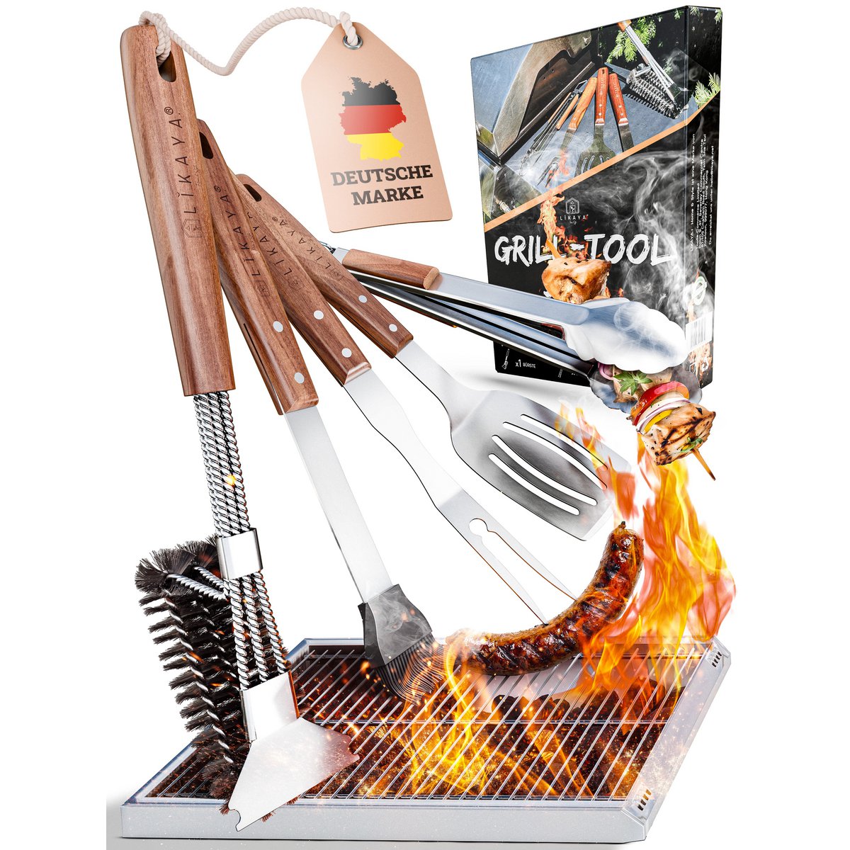 Premium grill cutlet set gemaakt van roestvrij staal met acacia houten handgreep