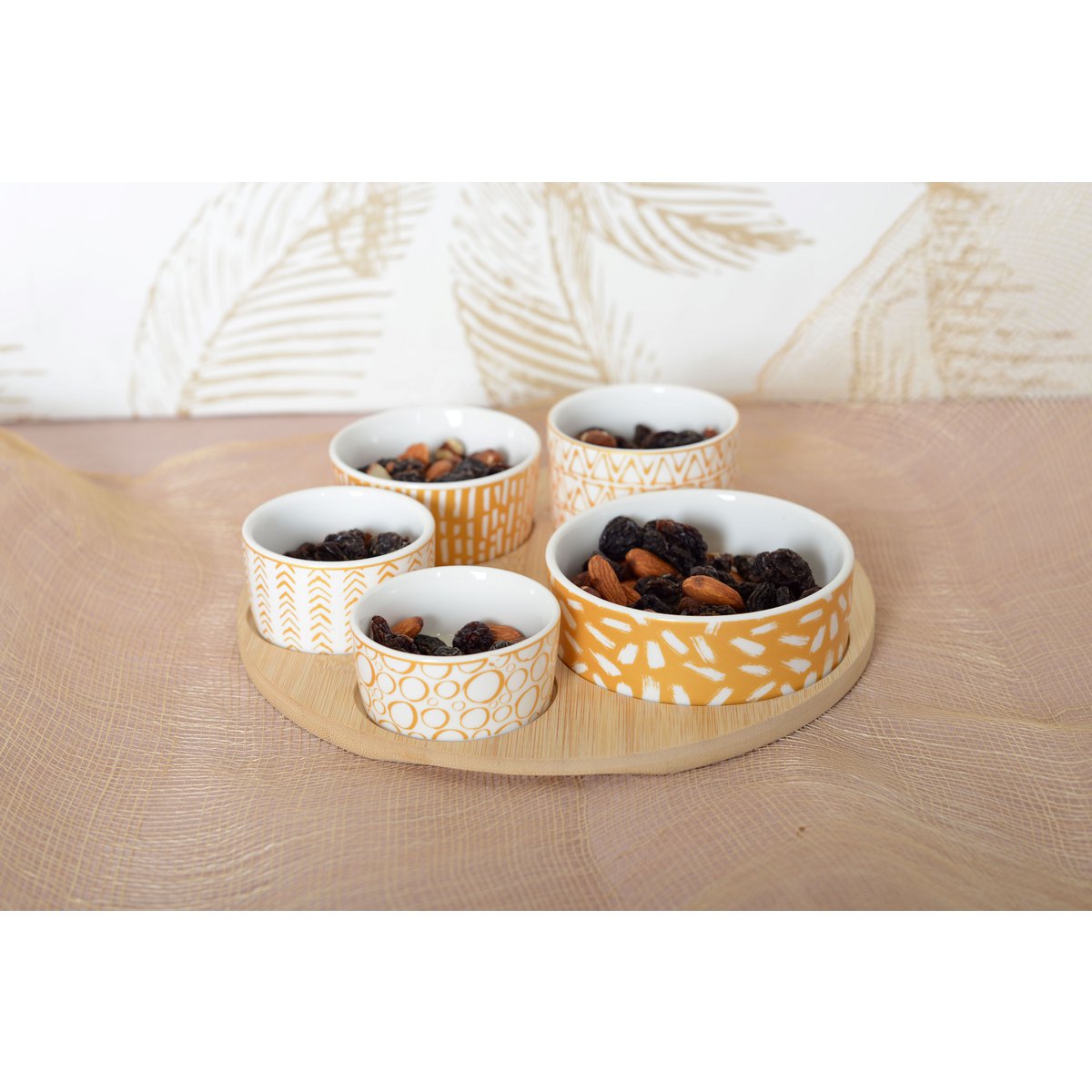 Houten Aperitief Serveer Set - 5 Kopjes op Ronde Bamboe Lade