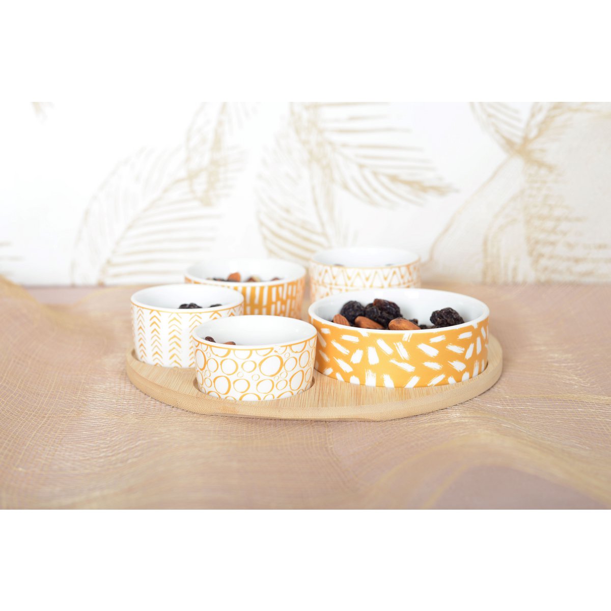 Houten Aperitief Serveer Set - 5 Kopjes op Ronde Bamboe Lade