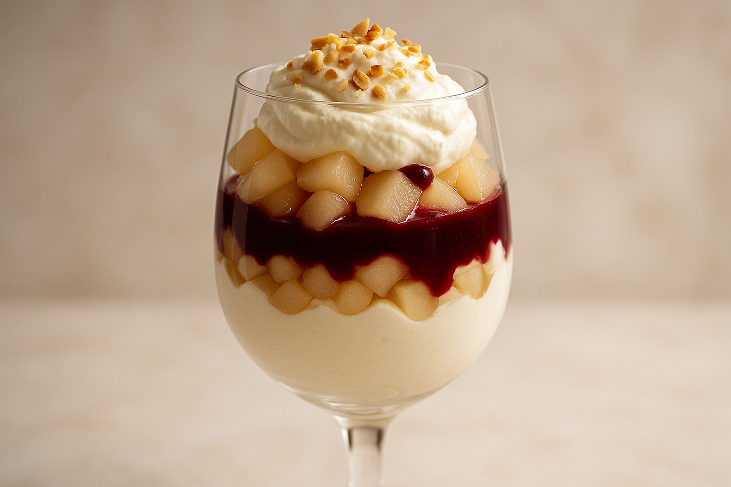 Hangop | stoofpeer | crème de Cassis | gezoete room | notenschaafsel