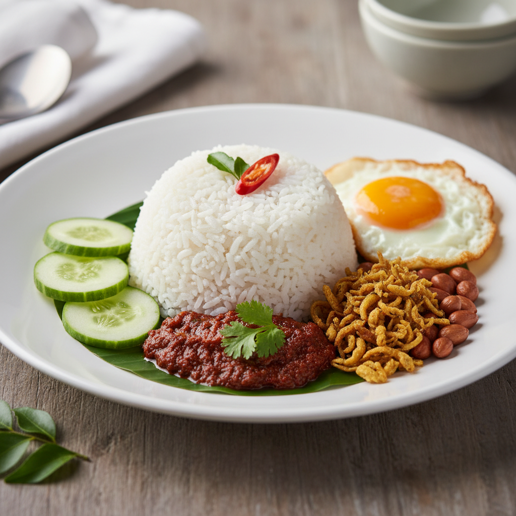 Maleisische nasi lemak vegetarisch - kokosrijst hoofdgerecht