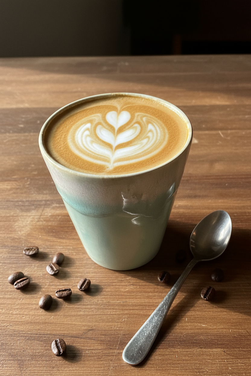 Grespresso latte kopje aqua met latte art gestyled op rustieke tafel