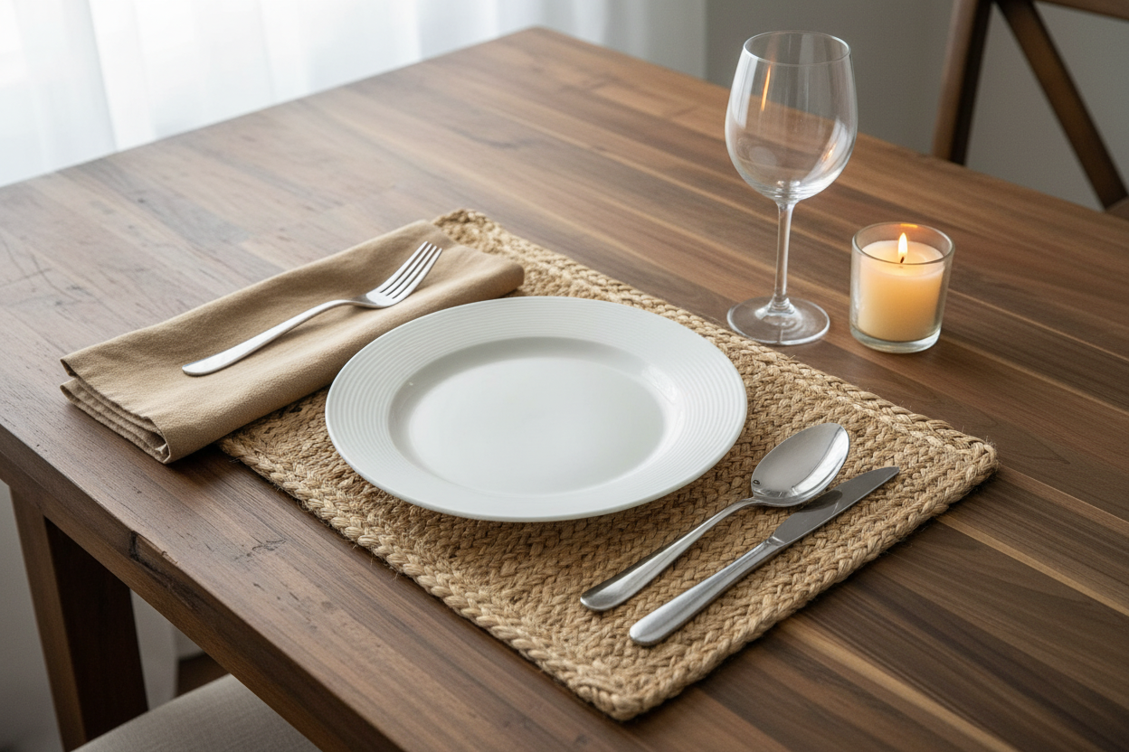 Juten placemat aangekleed met gedekte tafel voor catering