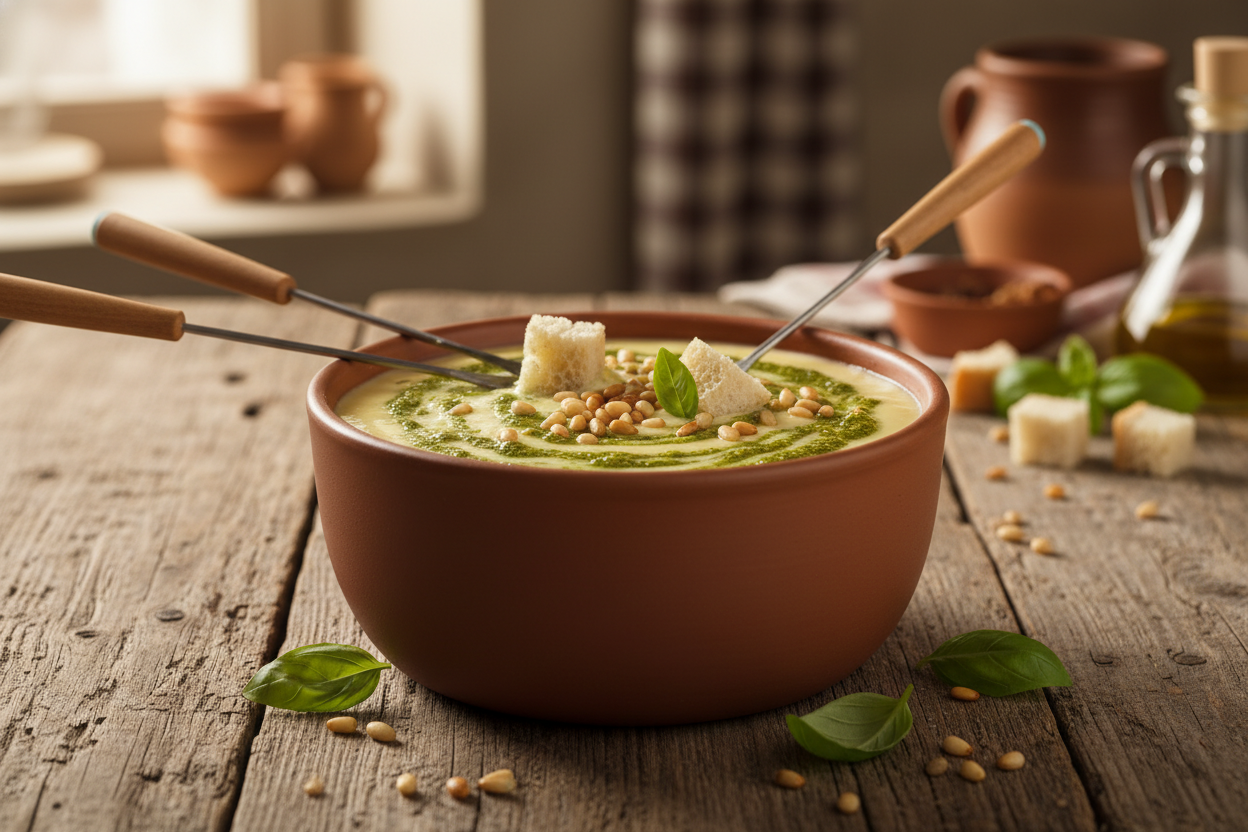 Kaasfondue met Pesto & Pijnboompitten