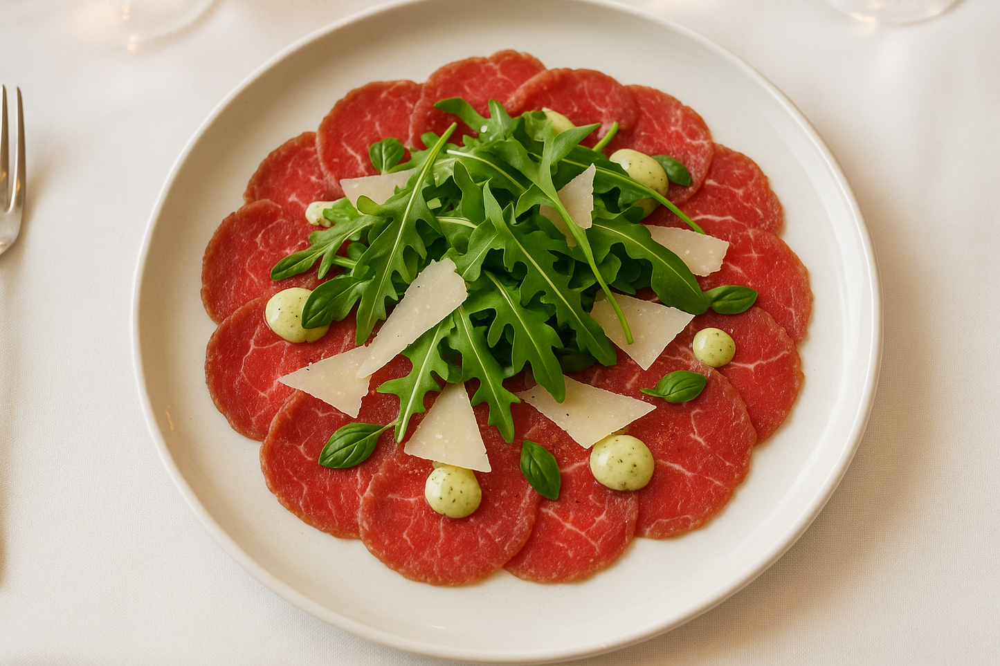 Rundercarpaccio | Rucola | Parmezaanse kaas | basilicum mayonaise