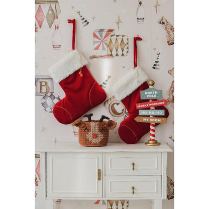 Kerst Familiekous Red Candy - Velours met Bont - 38 cm