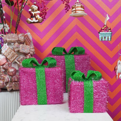 LED Kerstcadeaus Decoratie Roze-Groen - Set van 3 Stuks