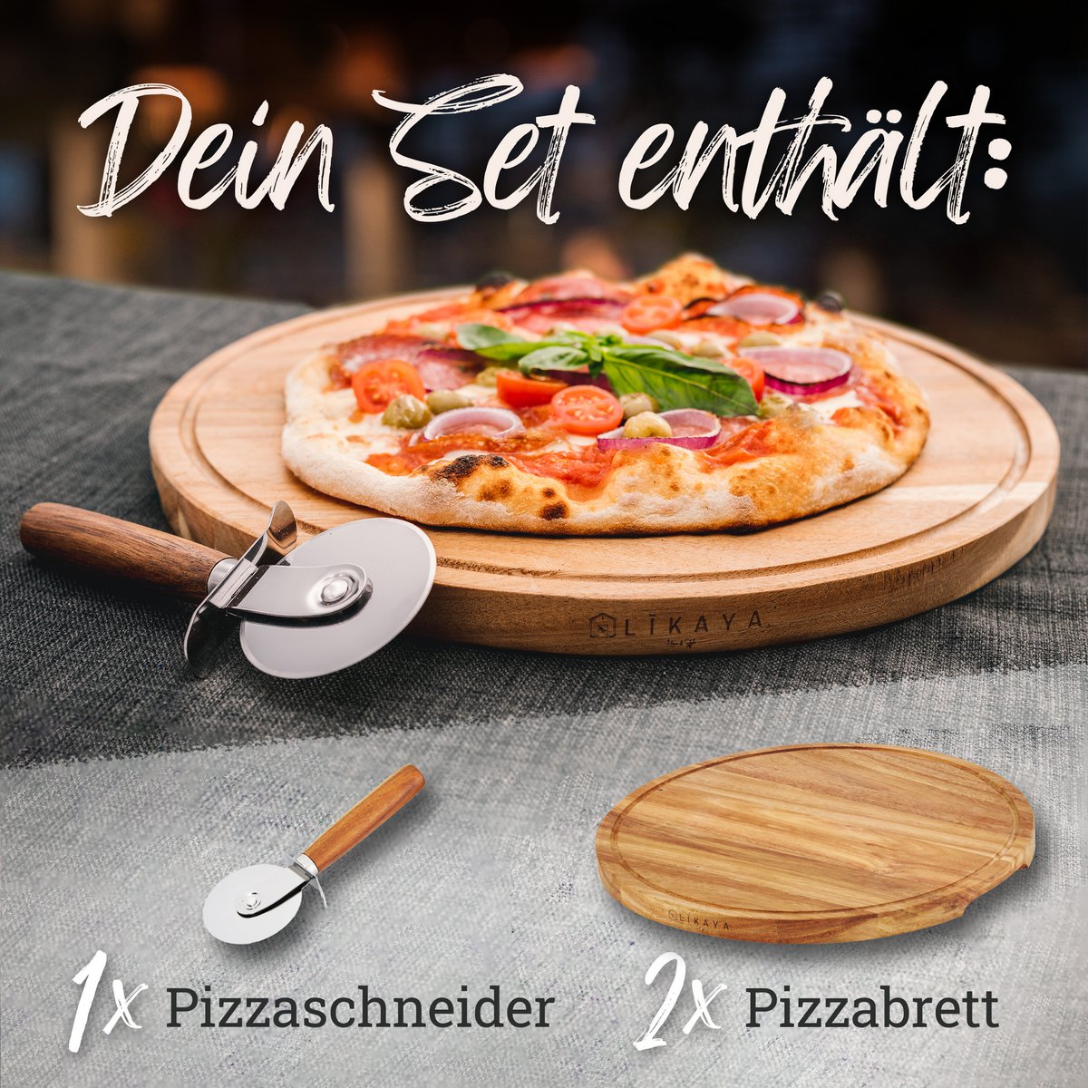 Pizza-bord/pizzaplaat 'Mario' 2 set ronde met pizza-snijder [⌀35 cm lang] gemaakt van FSC®-gecertificeerd Acacia Wood
