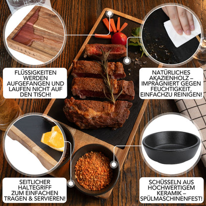 Serving Board 'Luis' 2 set gemaakt van FSC® Acacia Wood met leisteenplaten en saucen