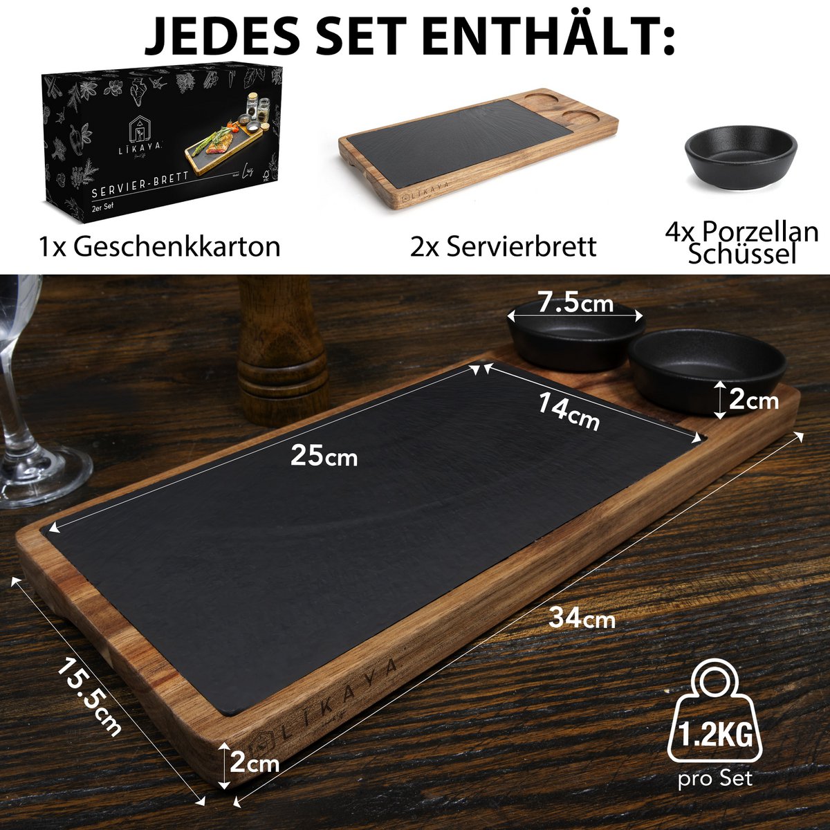Serving Board 'Luis' 2 set gemaakt van FSC® Acacia Wood met leisteenplaten en saucen