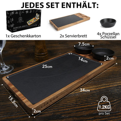 Serving Board 'Luis' 2 set gemaakt van FSC® Acacia Wood met leisteenplaten en saucen