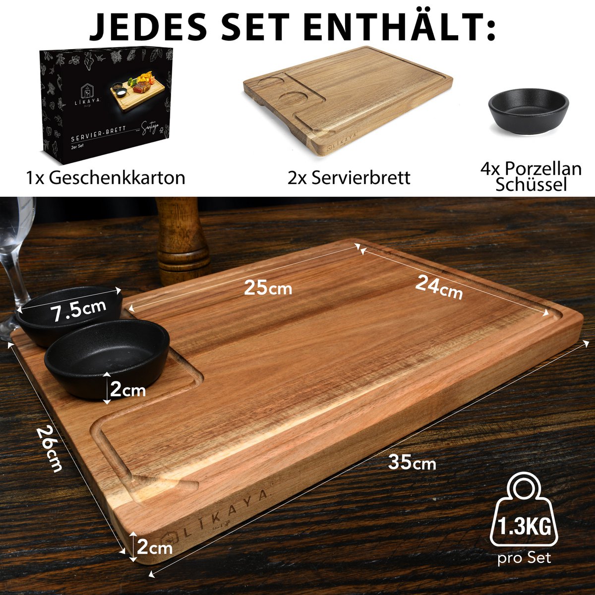 Servingbord XXL 'Santiago' 2 Set gemaakt van FSC® -gecertificeerde Acacia Wood met sauzenkommen