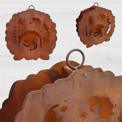 Metalen Kerststal Lantaarn 3D Roest - Theelichthouder 26 cm