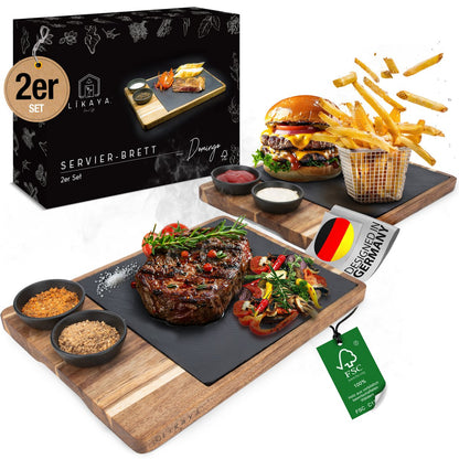 Servingbord XXL 'Domingo' 2 Set gemaakt van FSC® Acacia Wood met leisteenplaten en sauzenkommen