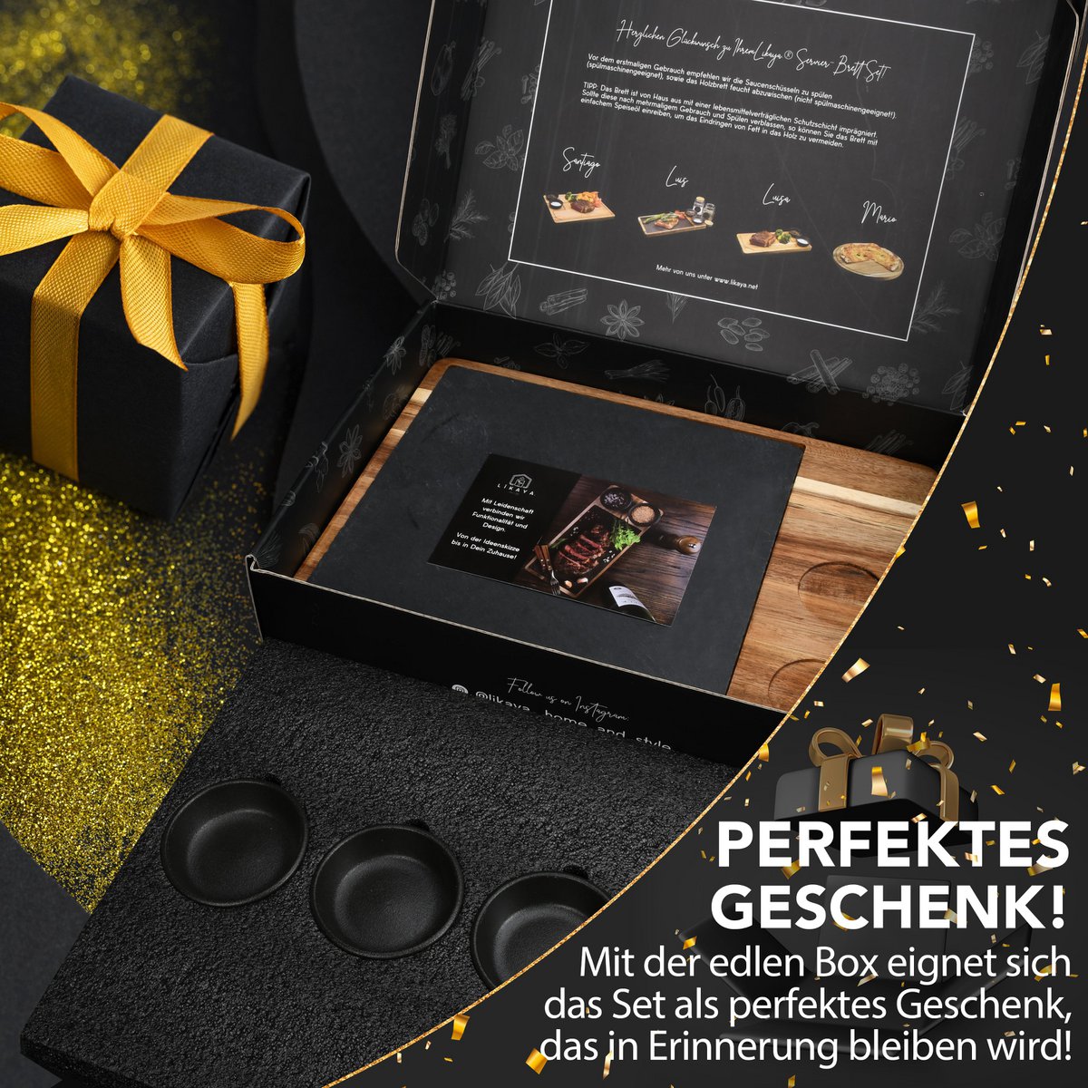 Servingbord XXL 'Domingo' 2 Set gemaakt van FSC® Acacia Wood met leisteenplaten en sauzenkommen