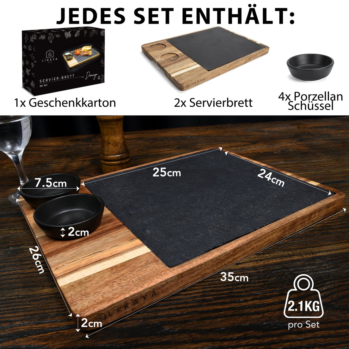 Servingbord XXL 'Domingo' 2 Set gemaakt van FSC® Acacia Wood met leisteenplaten en sauzenkommen