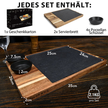 Servingbord XXL 'Domingo' 2 Set gemaakt van FSC® Acacia Wood met leisteenplaten en sauzenkommen