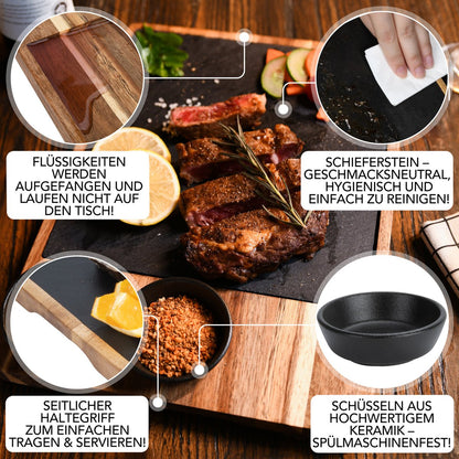 Servingbord XXL 'Domingo' 2 Set gemaakt van FSC® Acacia Wood met leisteenplaten en sauzenkommen