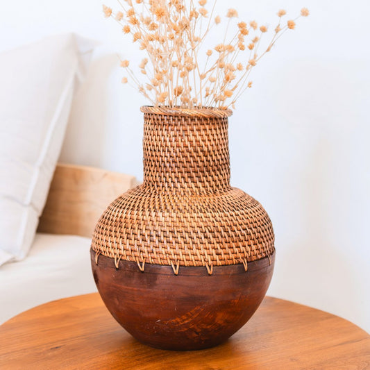 KAMARI Rotan Vaas Bruin - Hout Geweven Ø22cm