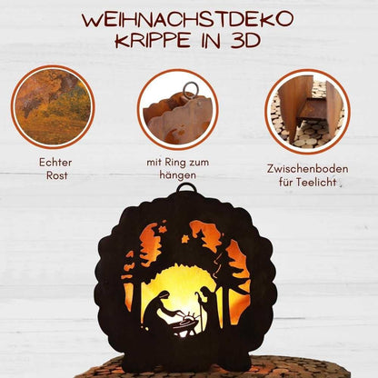 Metalen Kerststal Lantaarn 3D Roest - Theelichthouder 26 cm