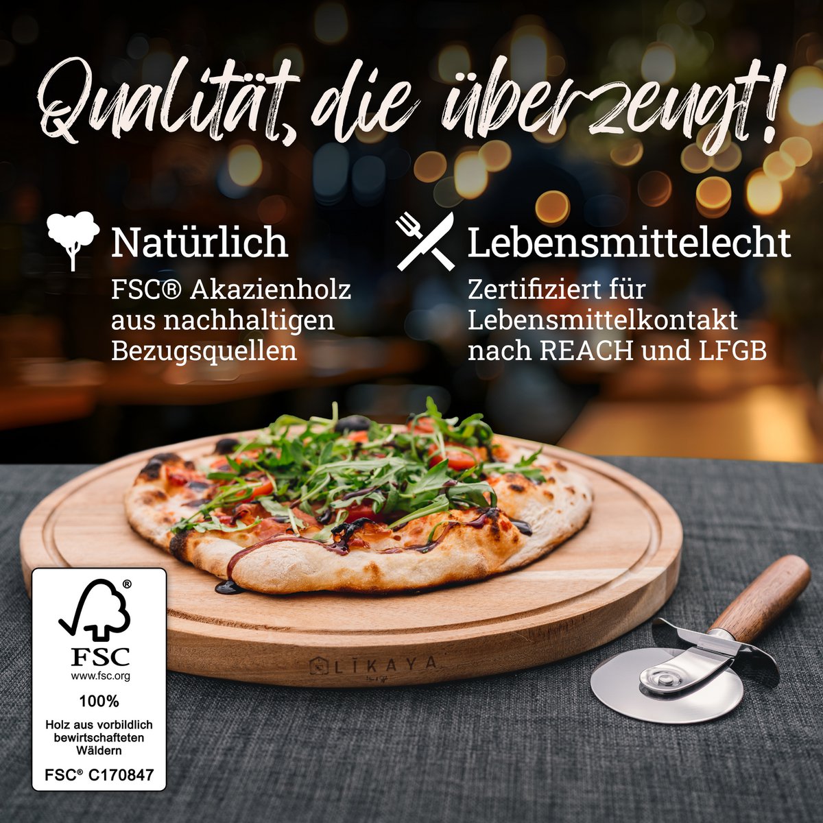 Pizza-bord/pizzaplaat 'Mario' 2 set ronde met pizza-snijder [⌀35 cm lang] gemaakt van FSC®-gecertificeerd Acacia Wood