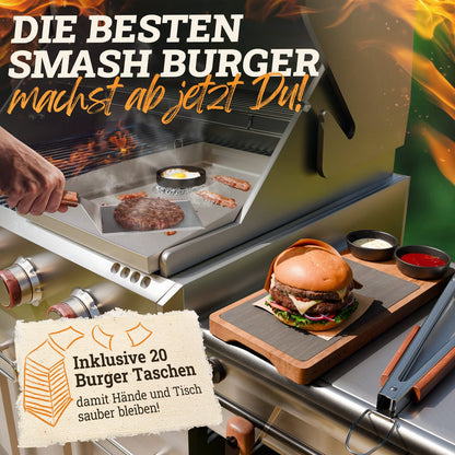 Burger Bells Set [3-pc.] Voor smashburgers gemaakt van roestvrijstalen en acacia houten handgrepen voor plancha, grillplaat, gasgrill en vuurplaat