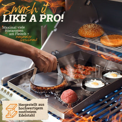 Burger Smashher & Grill Spatula Set [4-PC.] Roestvrij staal met Acacia Wood Handgreep voor Plancha, Grill-plaat, gasrooster en vuurplaat