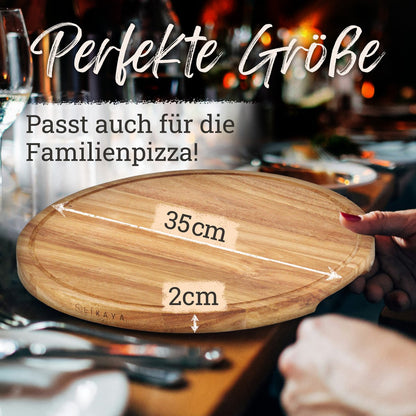 Pizza-bord/pizzaplaat 'Mario' 2 set ronde met pizza-snijder [⌀35 cm lang] gemaakt van FSC®-gecertificeerd Acacia Wood