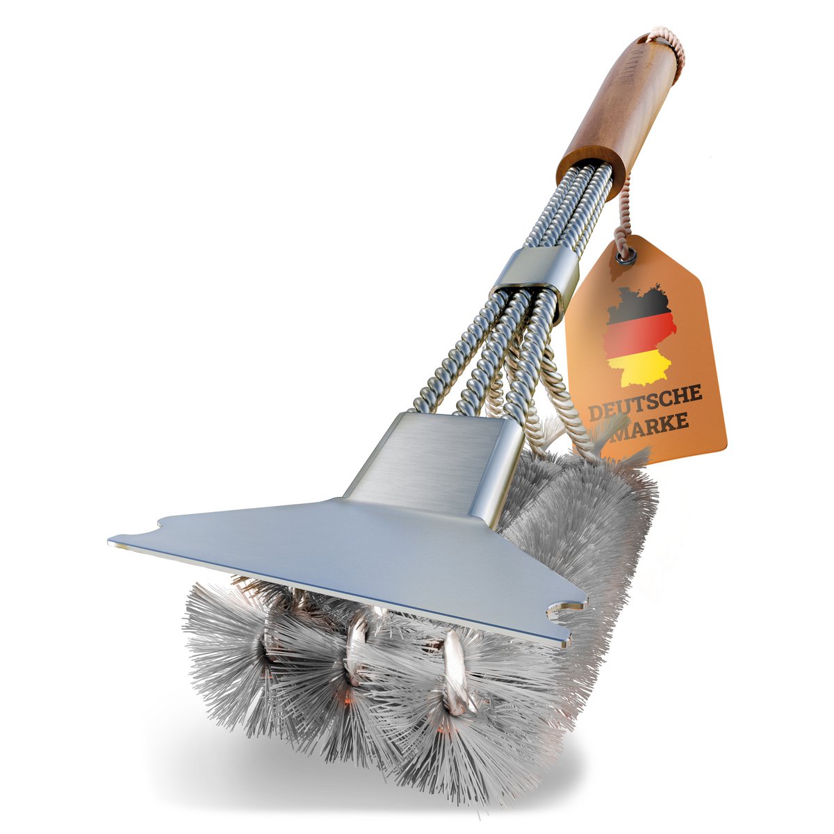 Premium grill borstel roestvrij staal met schraper en greep gemaakt van acacia hout