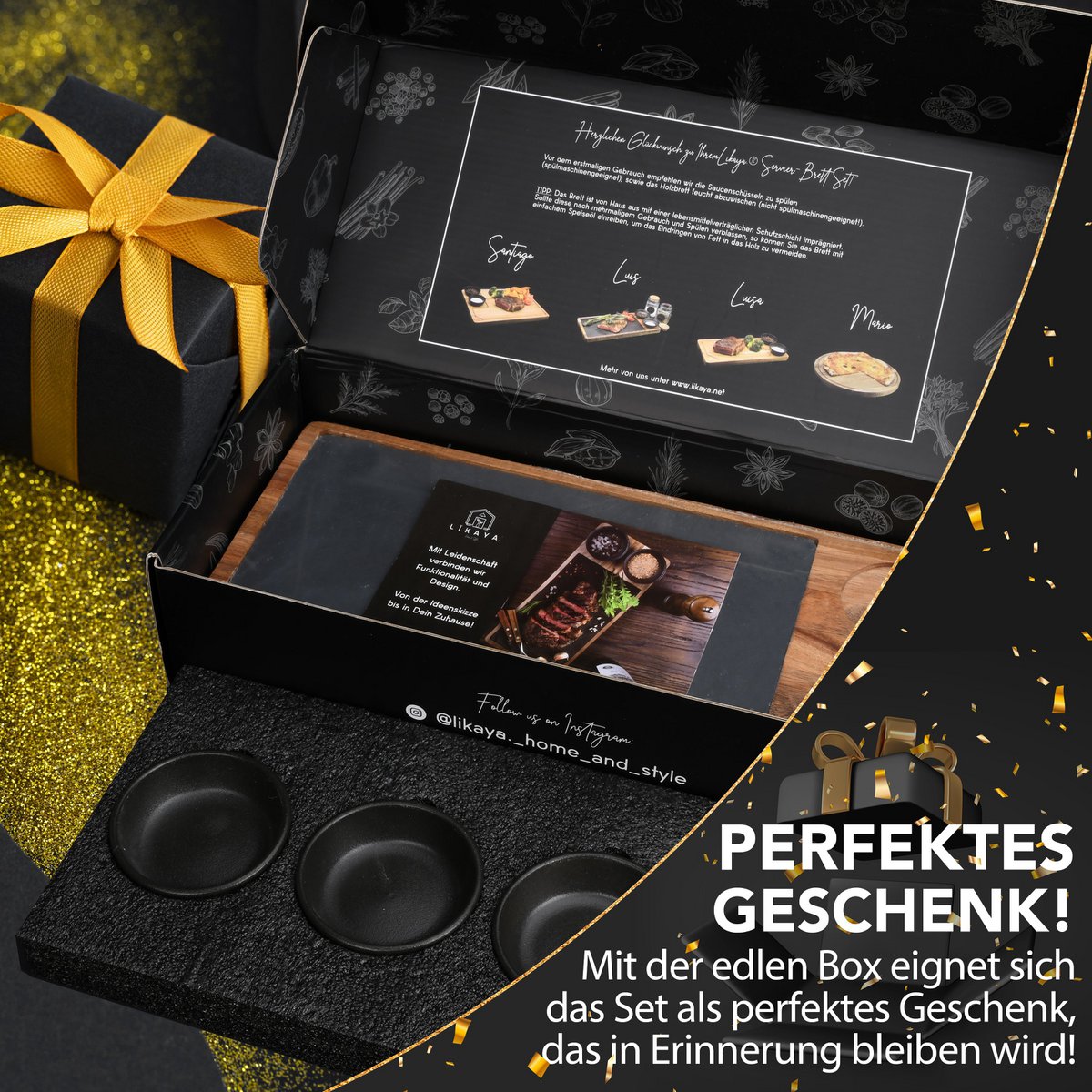 Serving Board 'Luis' 2 set gemaakt van FSC® Acacia Wood met leisteenplaten en saucen