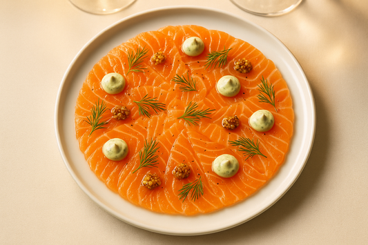 Carpaccio van gemarineerde zalm | grove mosterd | dillemayonaise