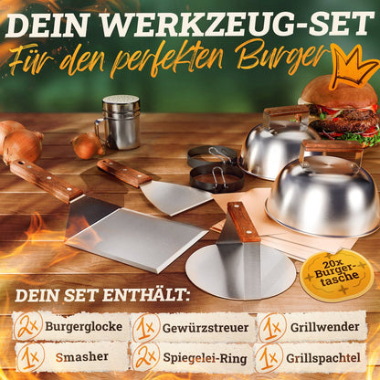 Smash Burger Master Set XXL [9-PC.] Roestvrij staal met Acacia-houten handgrepen voor plancha, grillplaat, gasrooster en vuurplaat