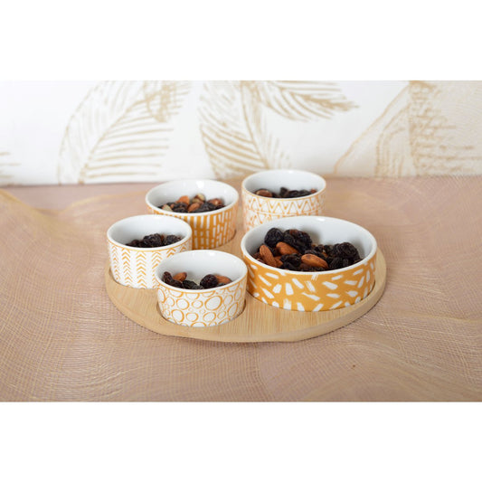 Houten Aperitief Serveer Set - 5 Kopjes op Ronde Bamboe Lade