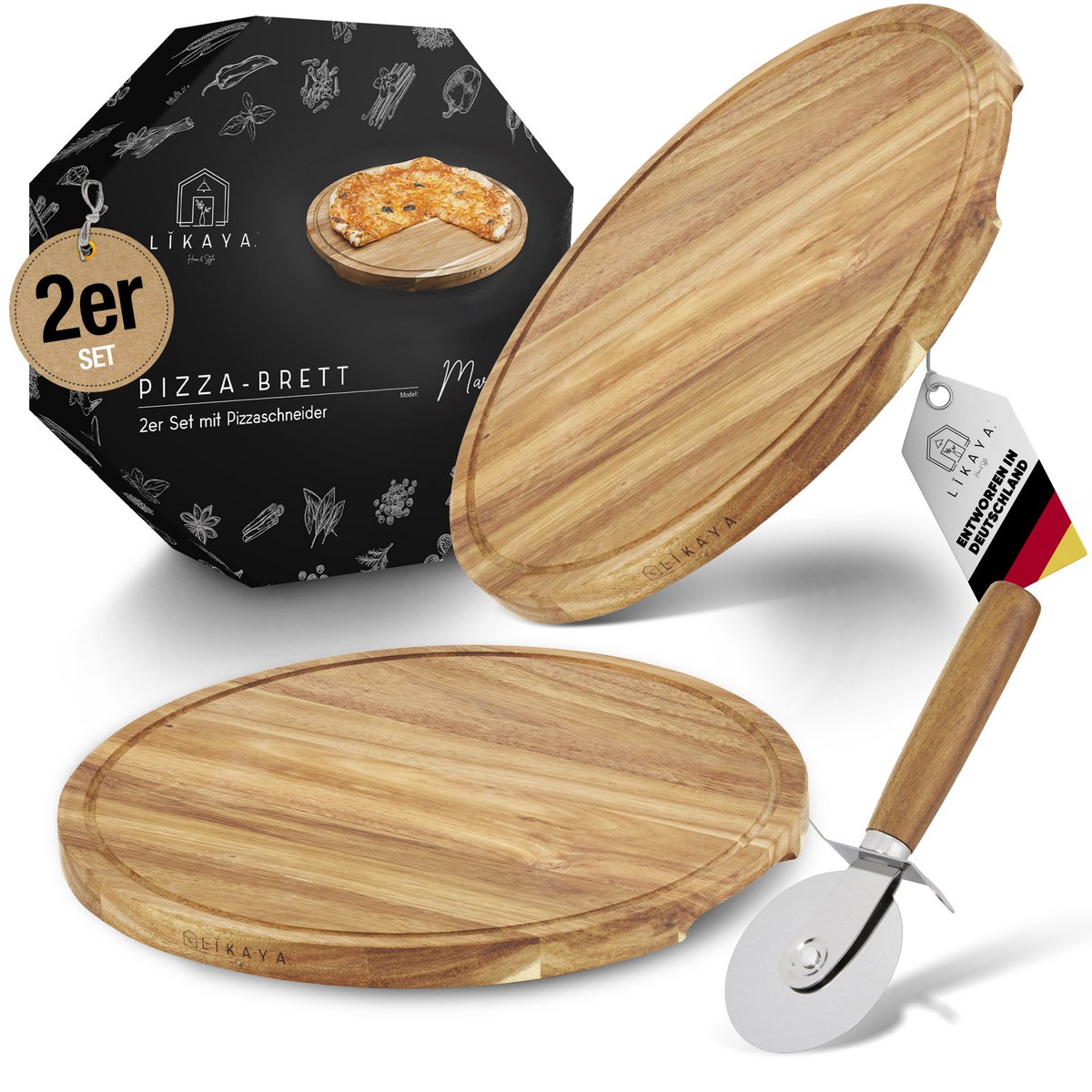 Pizza-bord/pizzaplaat 'Mario' 2 set ronde met pizza-snijder [⌀35 cm lang] gemaakt van FSC®-gecertificeerd Acacia Wood