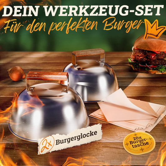 Burger Bells Set [3-pc.] Voor smashburgers gemaakt van roestvrijstalen en acacia houten handgrepen voor plancha, grillplaat, gasgrill en vuurplaat