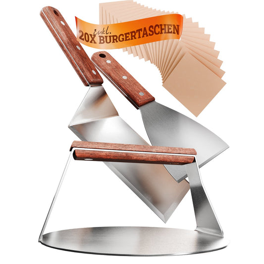 Burger Smashher & Grill Spatula Set [4-PC.] Roestvrij staal met Acacia Wood Handgreep voor Plancha, Grill-plaat, gasrooster en vuurplaat