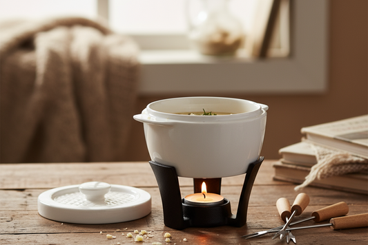 Fondue Pannetje met Onderstel, Waxinelichtje en Twee Vorkjes