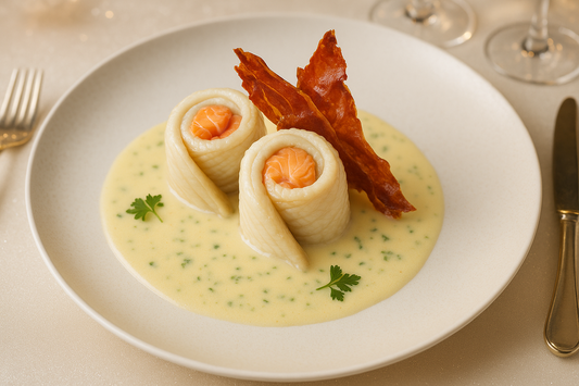 Tongrolletjes gevuld met zalm | Beurre Blanc | gedroogde Serranoham