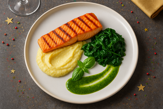 Gegrilde Zalmfilet | aardappel mousseline | spinazie | basilicumsaus