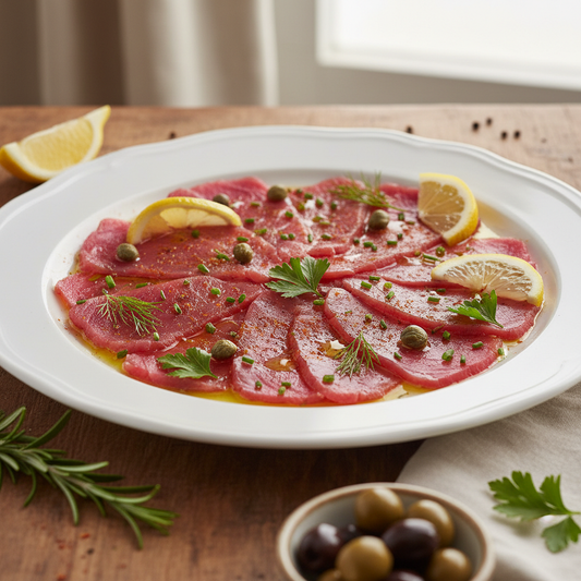 Spaanse tonijn carpaccio met gerookte paprika - premium koud vis voorgerecht