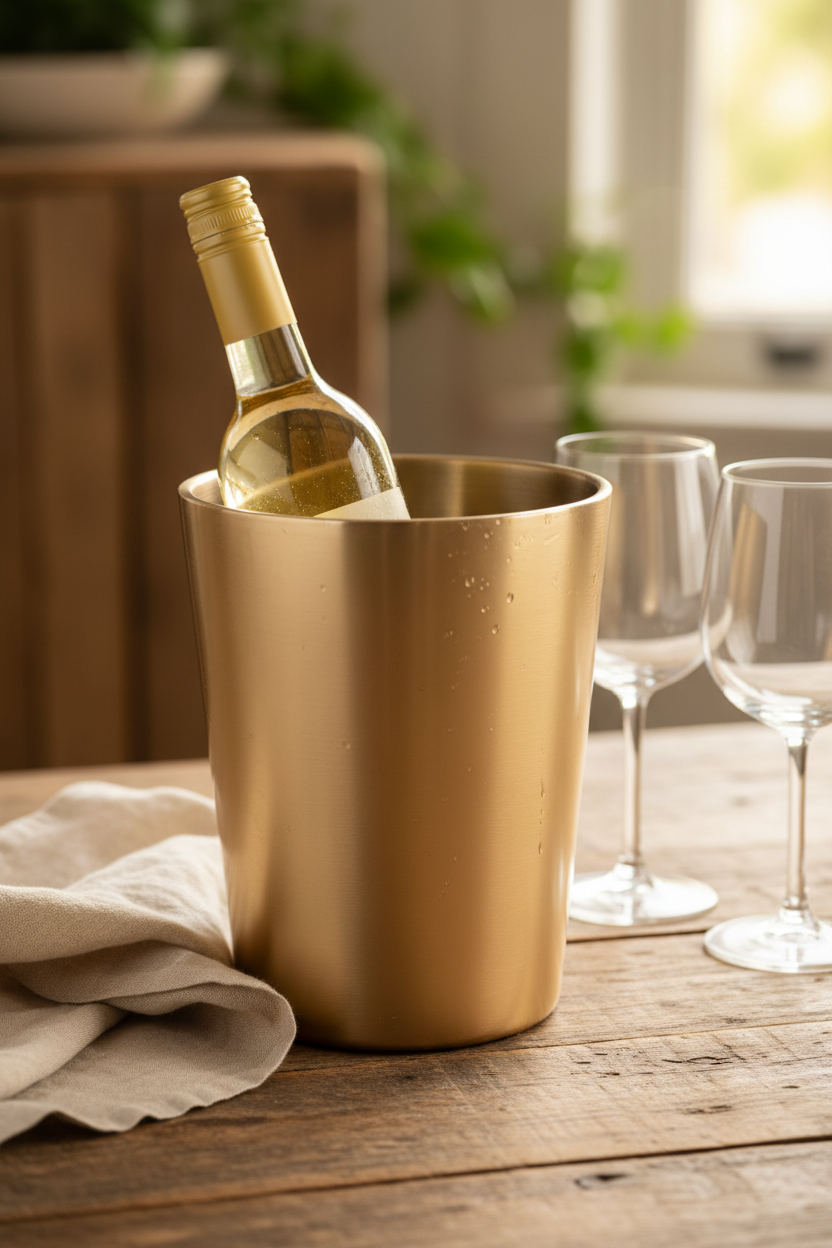 Gouden wijnkoeler met wijnfles gestyled op rustieke tafel