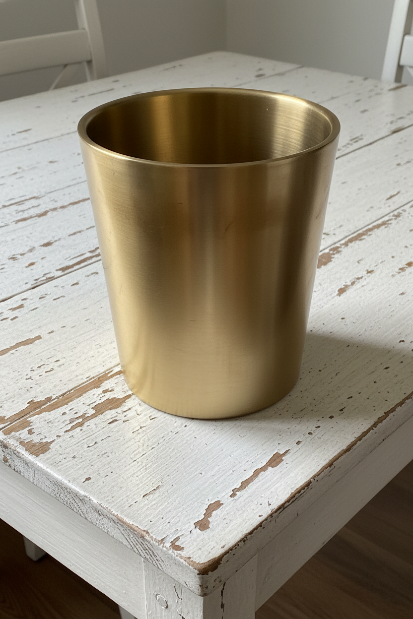 Gouden dubbelwandige wijnkoeler op vintage witte houten tafel