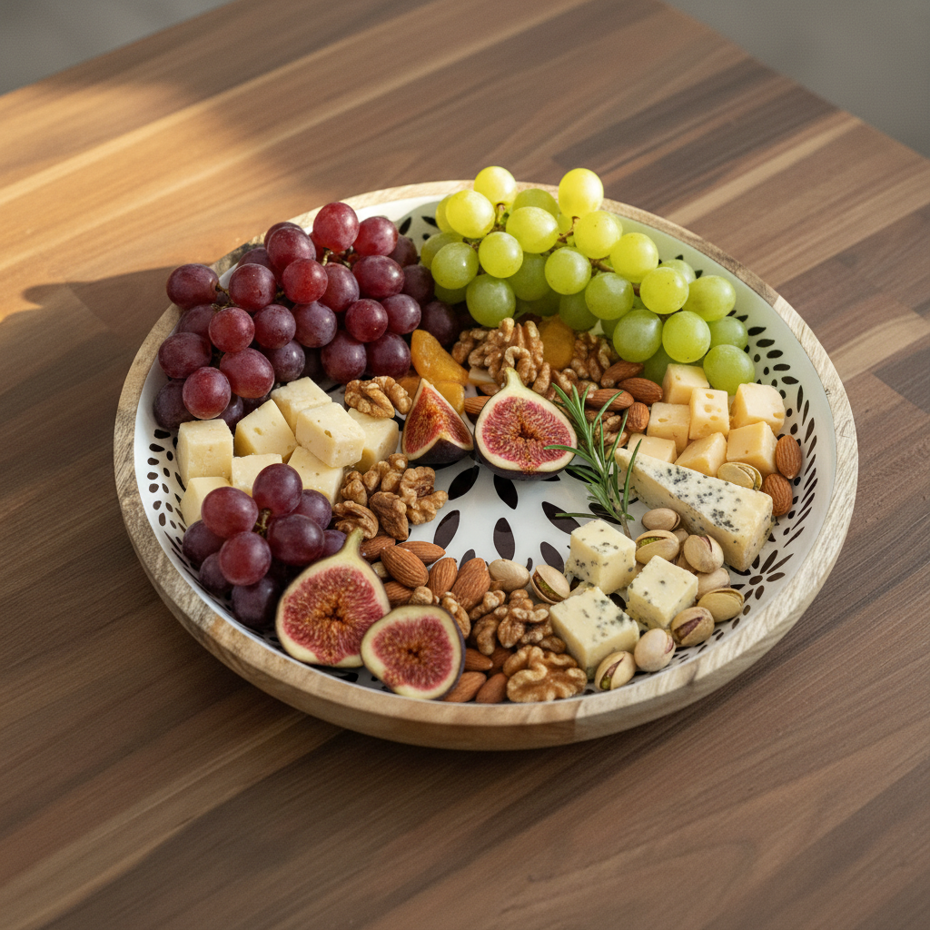Ronde houten mandala schaal aangekleed met fruit, kaas en noten
