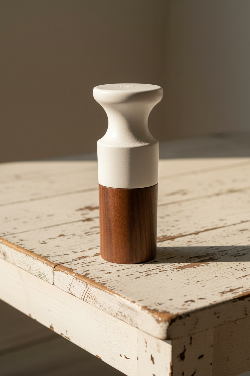 Hugo Kennis zoutmolen crème keramiek walnouthout op vintage witte houten tafel