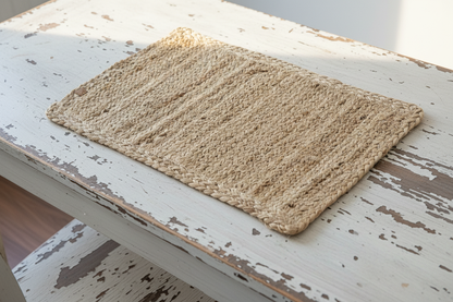Juten placemat 32,5x38,5cm op vintage witte houten tafel