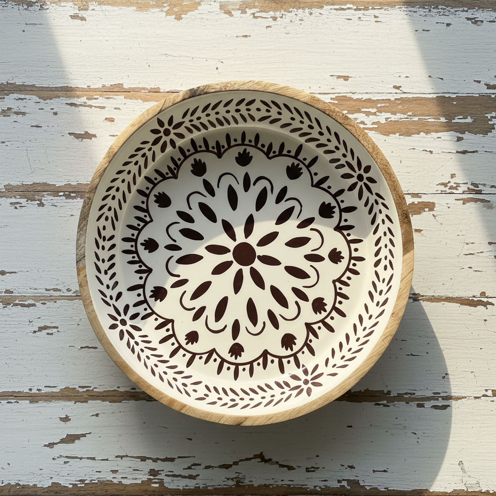Ronde houten schaal met mandala print op vintage witte houten tafel