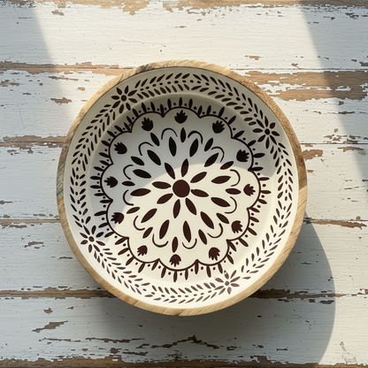 Ronde houten schaal met mandala print op vintage witte houten tafel