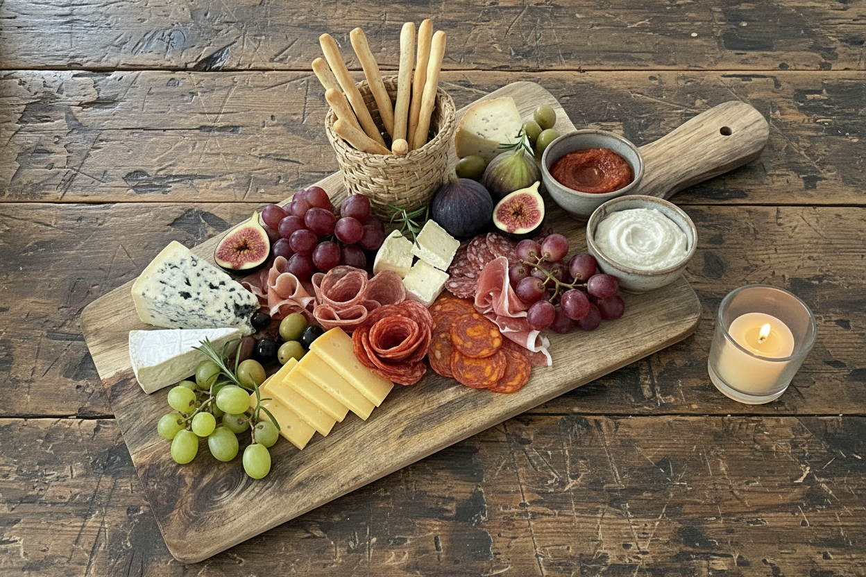 Mangohout snijplank aangekleed met kaas, charcuterie en tapas voor catering