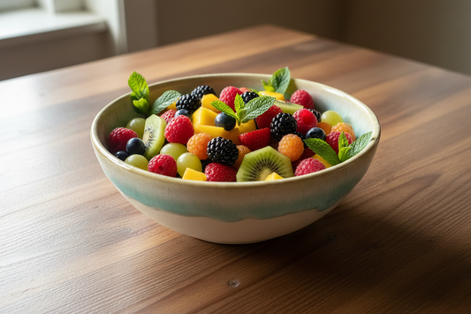 Grespresso kom aqua gevuld met fruitsalade op rustieke tafel
